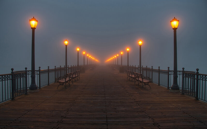 Foggy Pier at Dawn — Brown, Serene, Morning, Photograph, Streetlights
