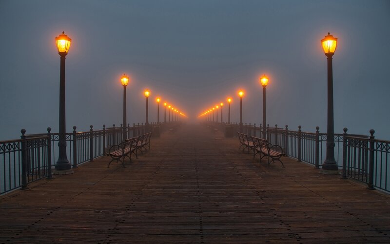 Foggy Pier at Dawn — Brown, Serene, Morning