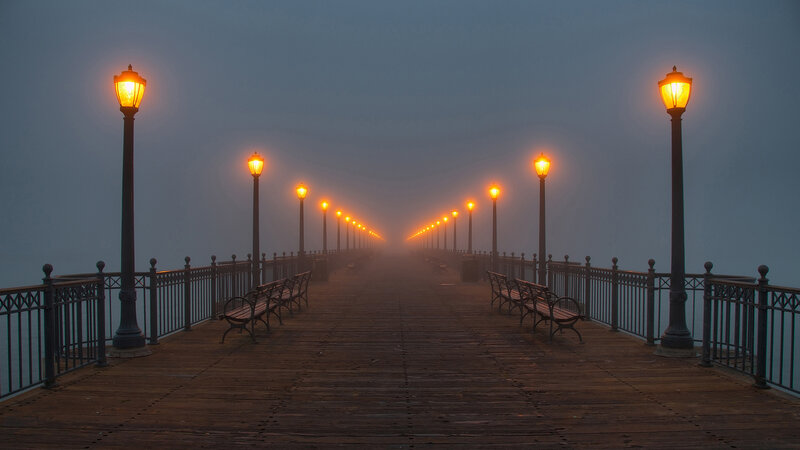Foggy Pier at Dawn — Gray, Serene, Morning, Photograph
