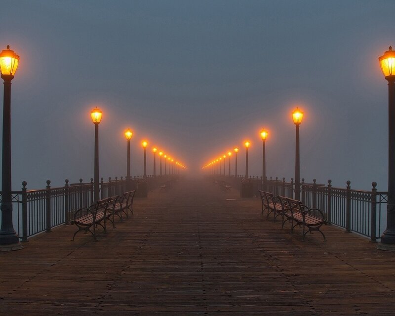Foggy Pier at Dawn — Gray, Serene, Morning