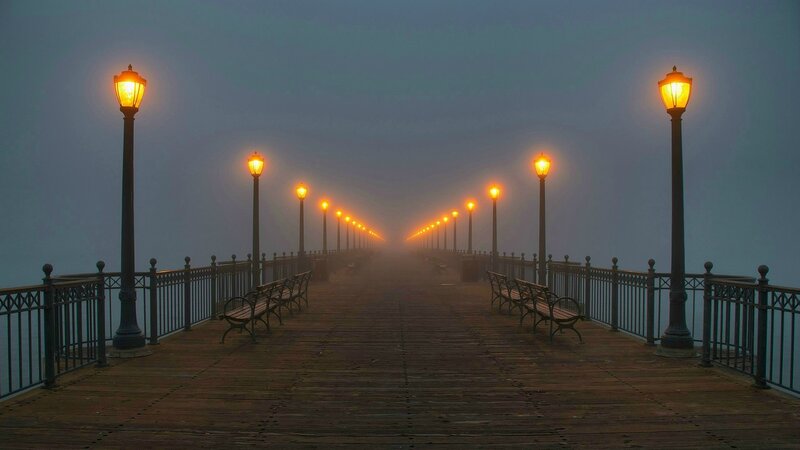 Foggy Pier at Dawn — Gray, Serene