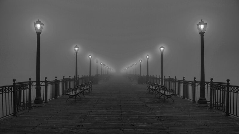 Foggy Pier at Night — Black, Misty