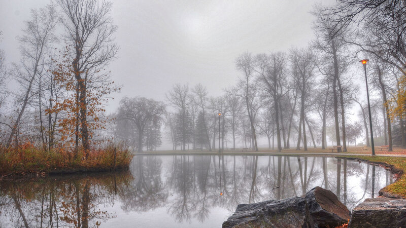 Foggy Pond in Park — Gray, Misty
