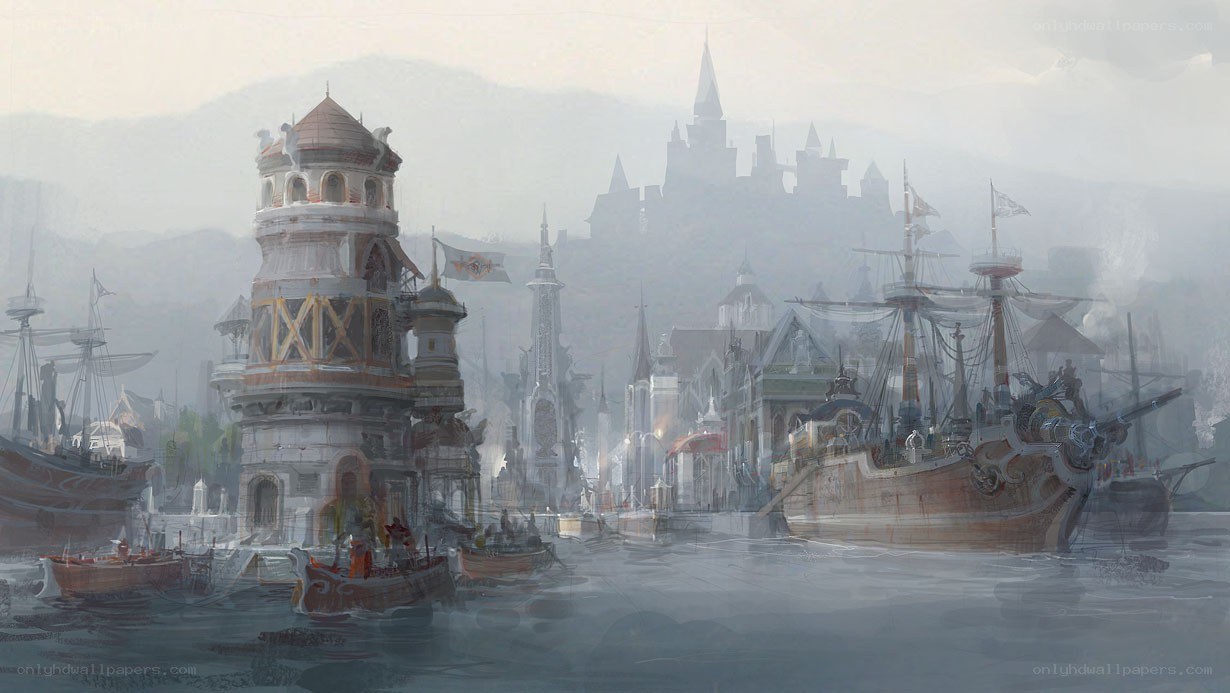 foggy port with castle