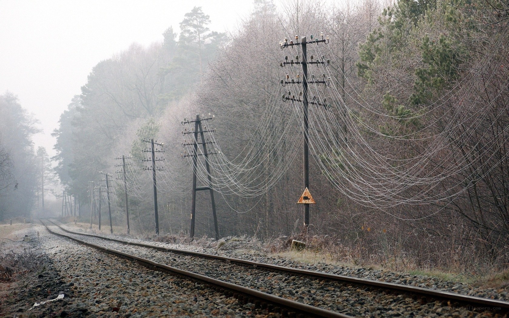 Foggy railway with power lines