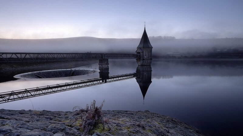 Foggy Reservoir with Tower