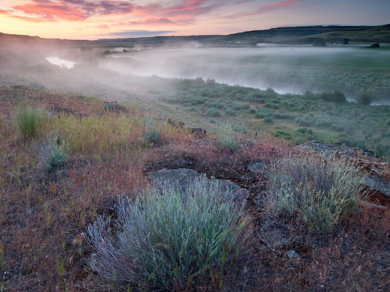 Foggy river valley at sunrise