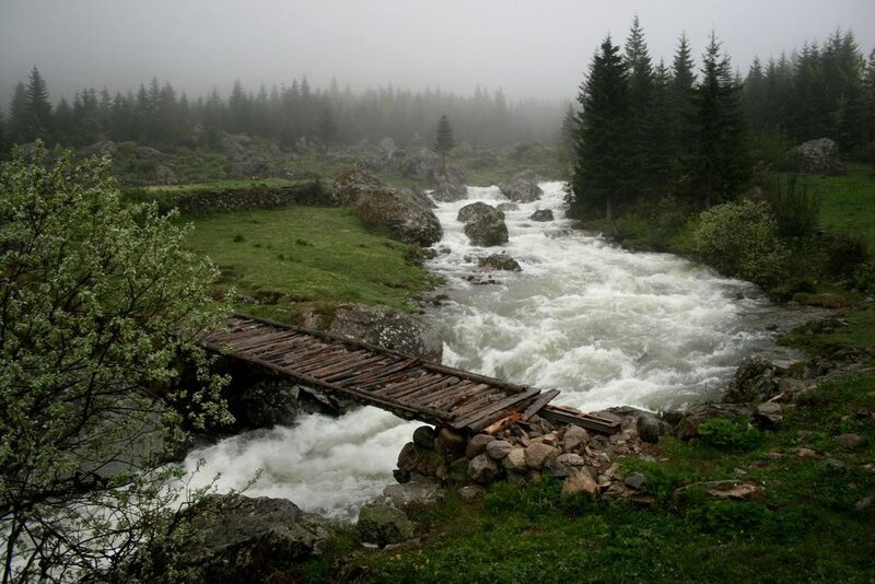 Foggy river with wooden bridge