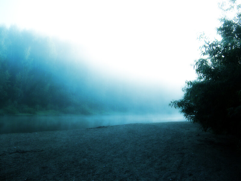 Foggy Riverbank at Dawn — Blue