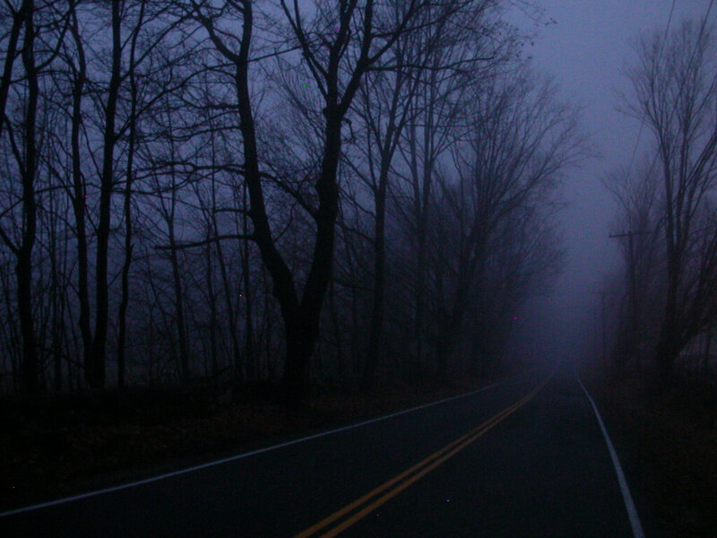 foggy road at dusk