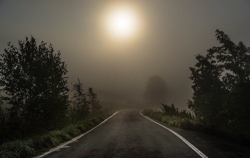 Foggy Road at Night — Black, Mysterious
