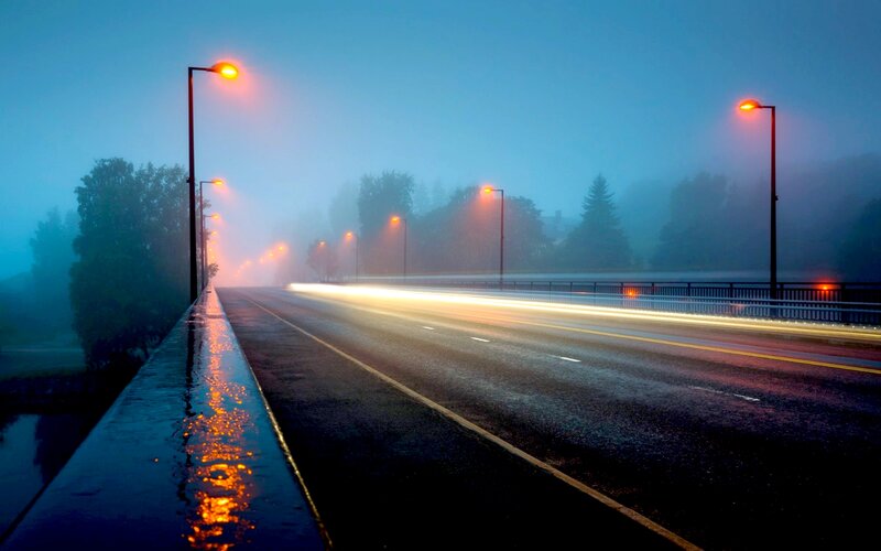 Foggy Road at Night — Blue, Misty