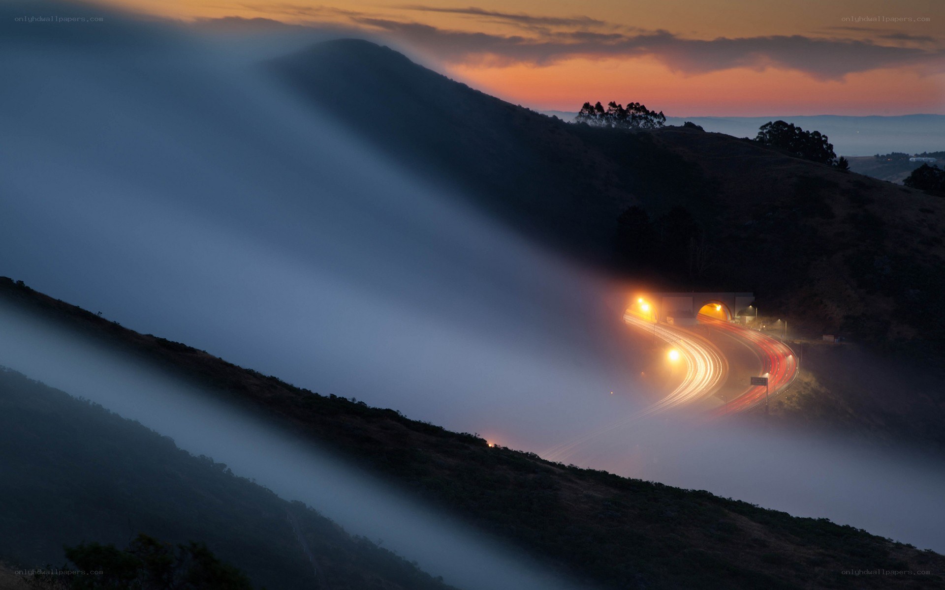 Foggy Road at Sunset
