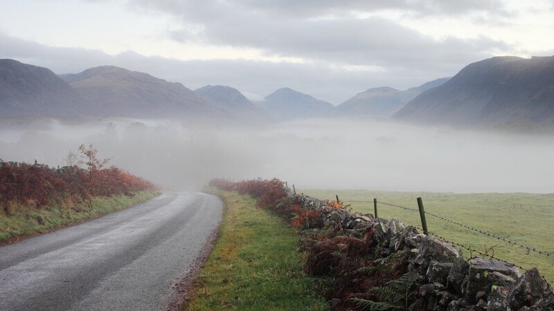 Foggy Road in Valley — Gray