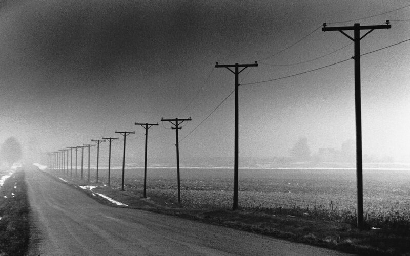 Foggy road with telephone poles