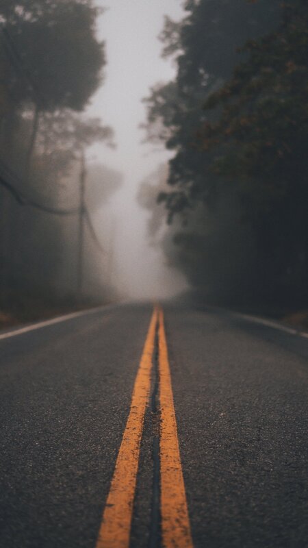 Foggy Road with Yellow Lines — Gray