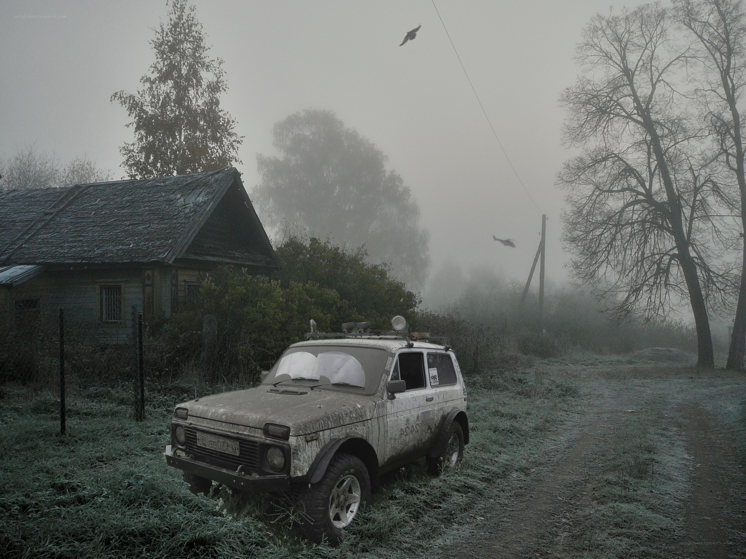 Foggy rural scene with old car