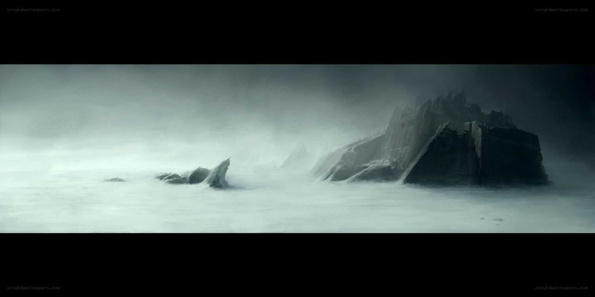 foggy shipwreck landscape