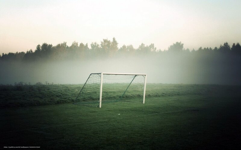 Foggy soccer goal at dawn