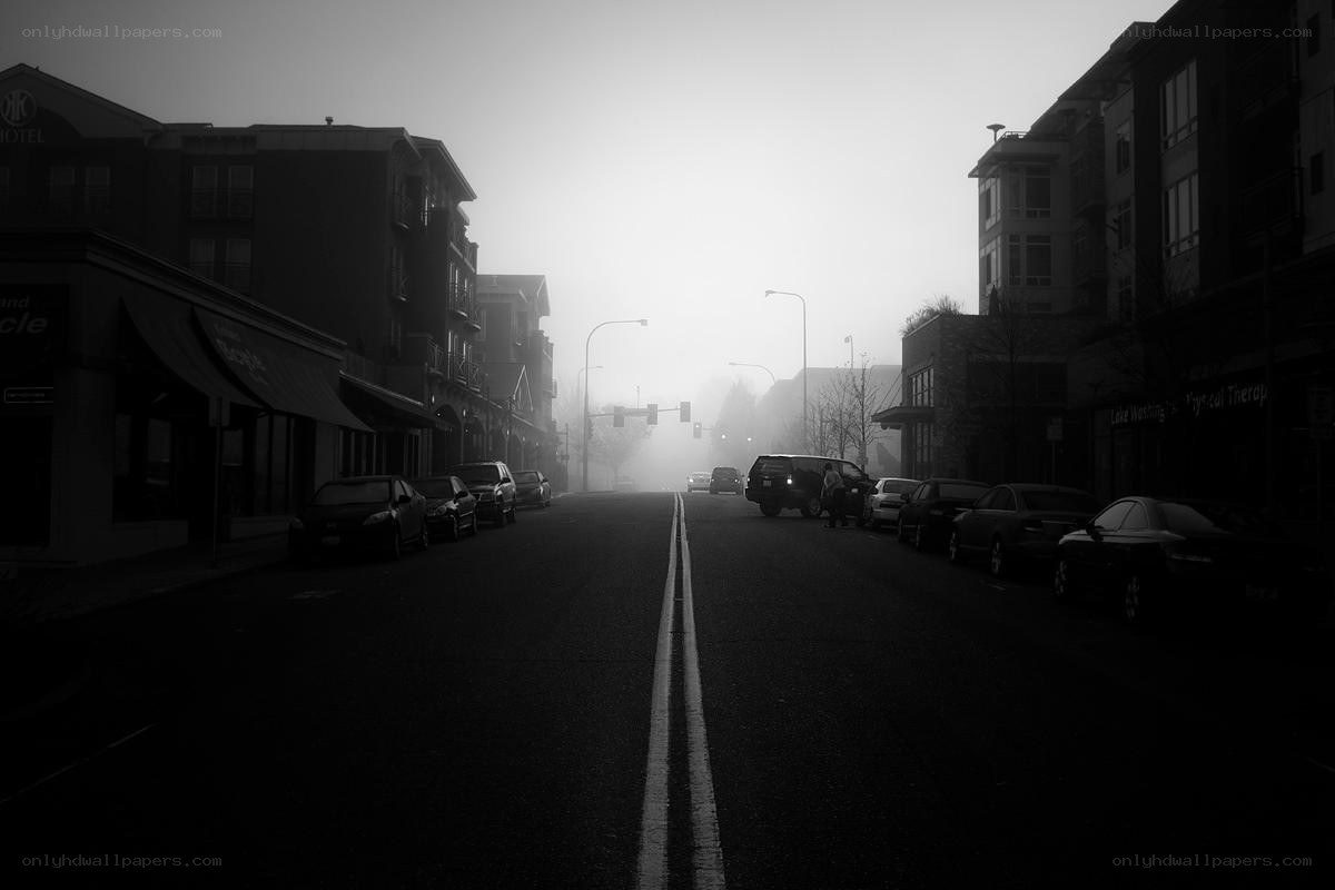 Foggy street at dawn