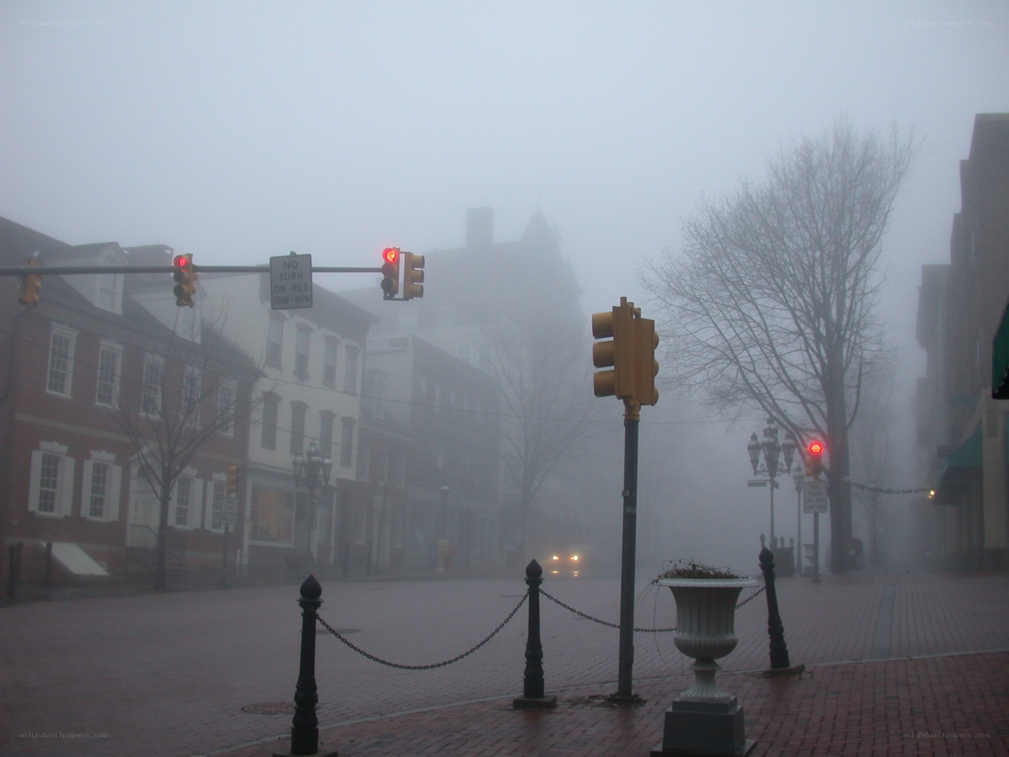 Foggy street intersection with traffic lights