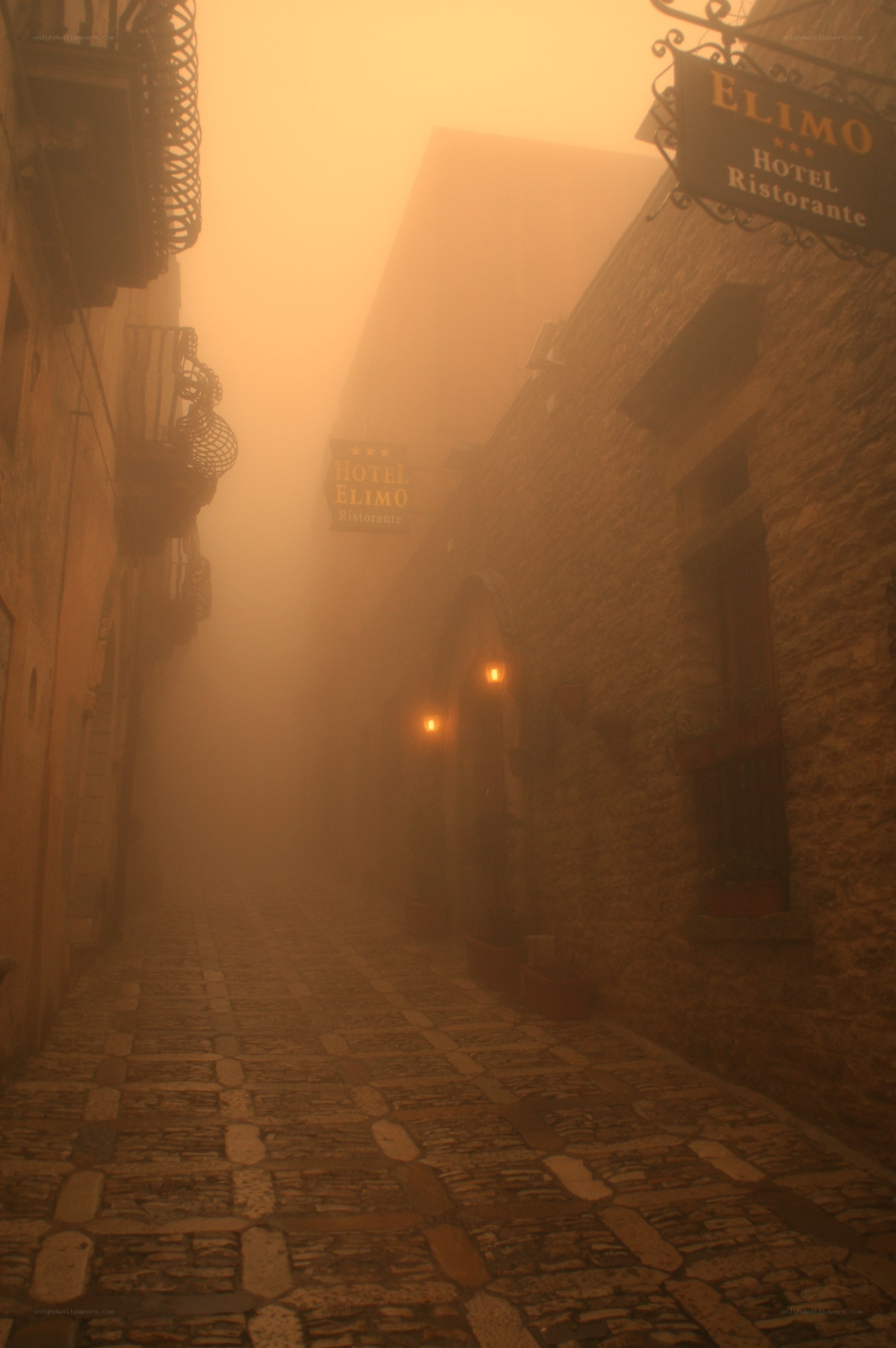 Foggy street with Hotel Elimo