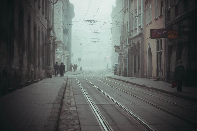 Foggy Street with Tram Tracks