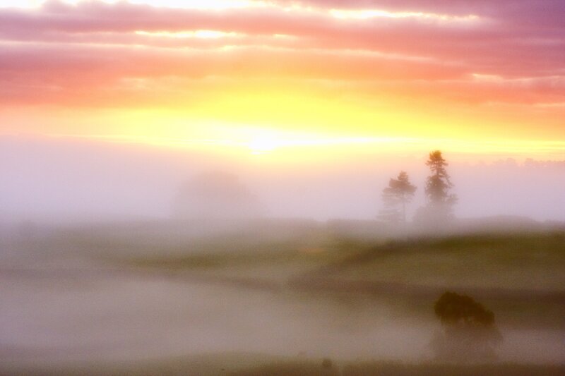 Foggy sunrise over rolling hills