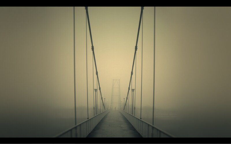Foggy suspension bridge