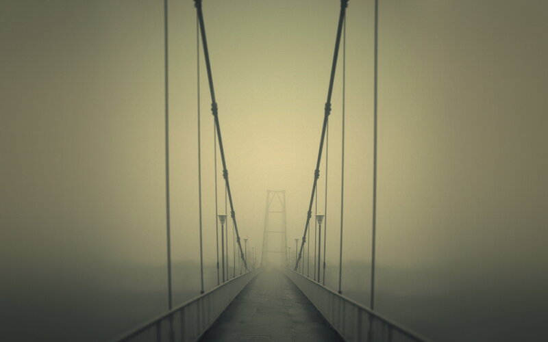 Foggy suspension bridge