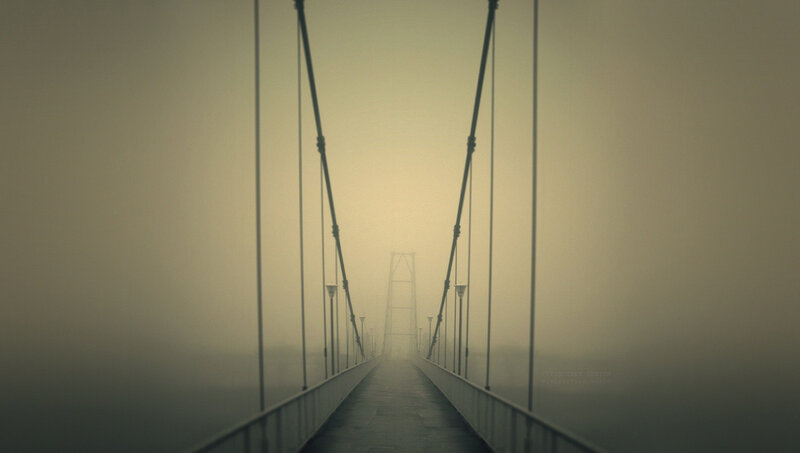 Foggy suspension bridge
