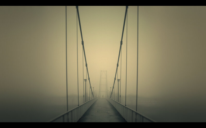 Foggy suspension bridge view