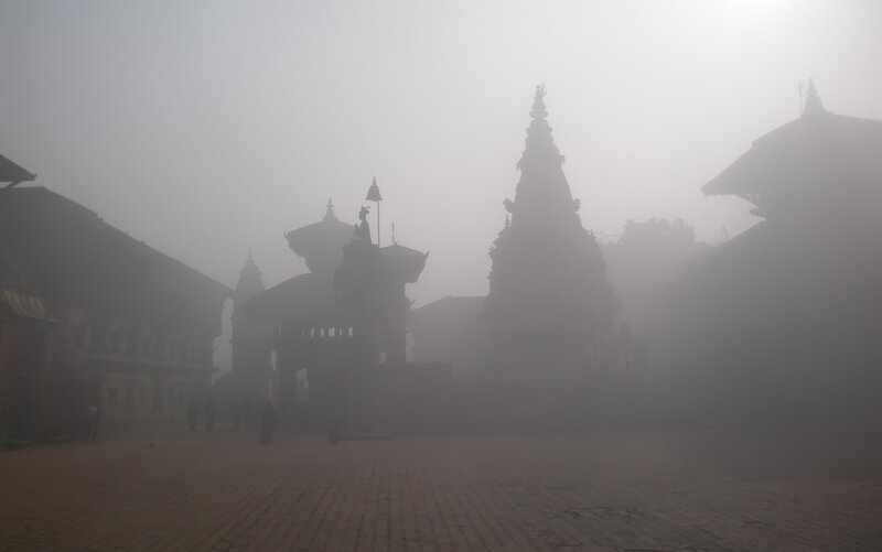 Foggy temple complex