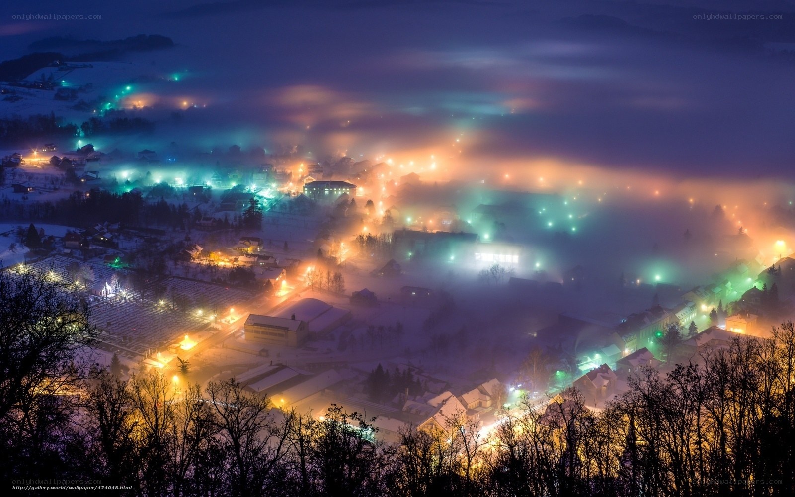 foggy town at night