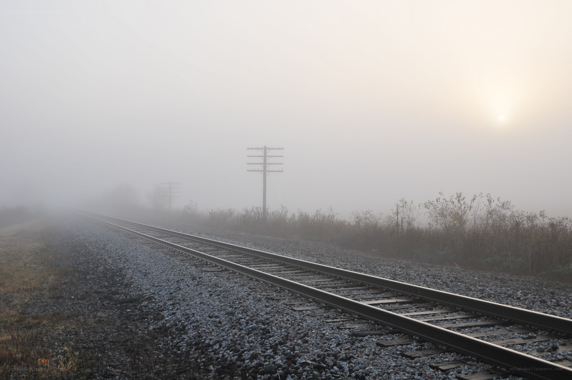 foggy train tracks at sunrise