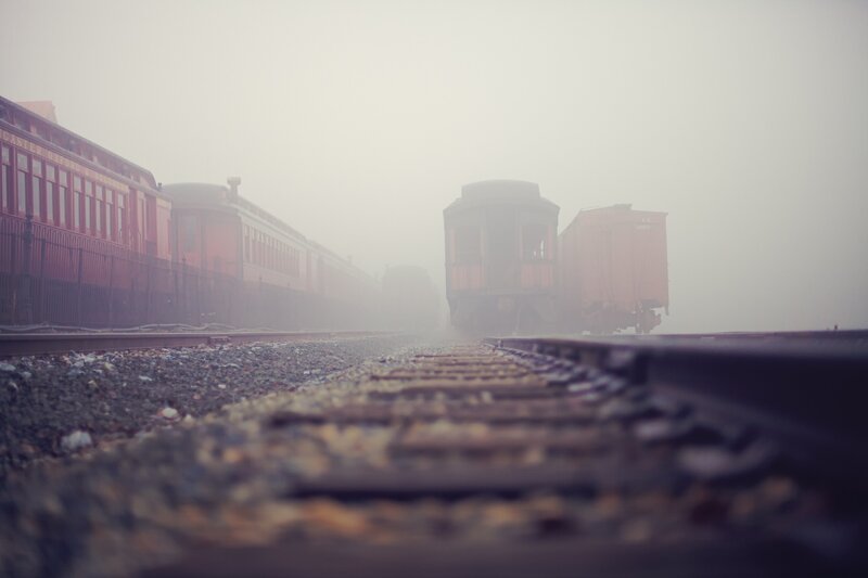 foggy train yard scene