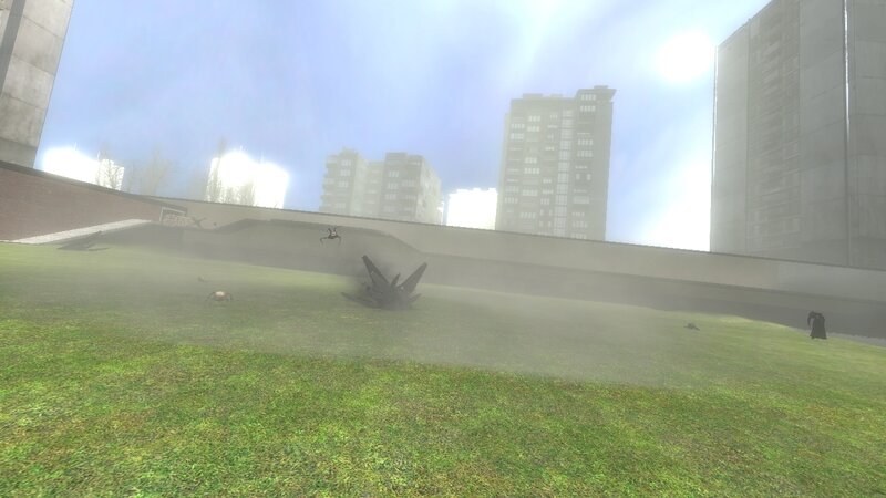 foggy urban landscape with debris