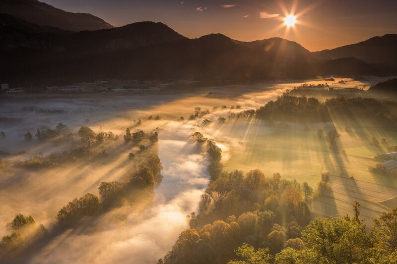 Foggy Valley at Sunrise — Gold, Serene, Photograph, Mountains