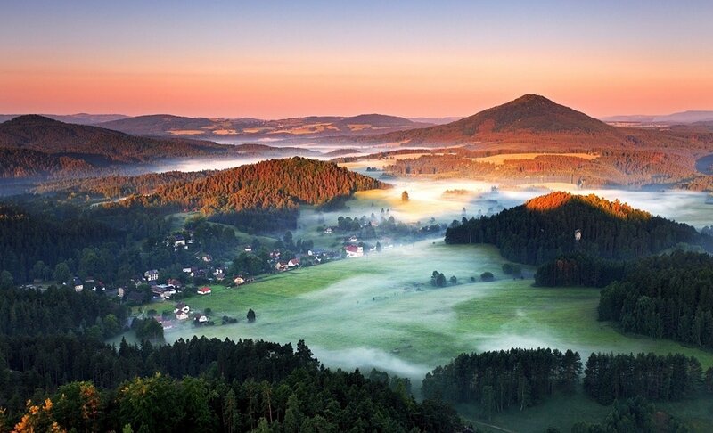 Foggy Valley at Sunrise — Green, Serene, Photograph, Hills