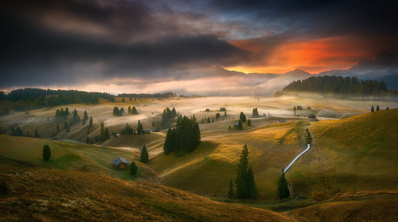 Foggy Valley at Sunrise — Orange, Dramatic