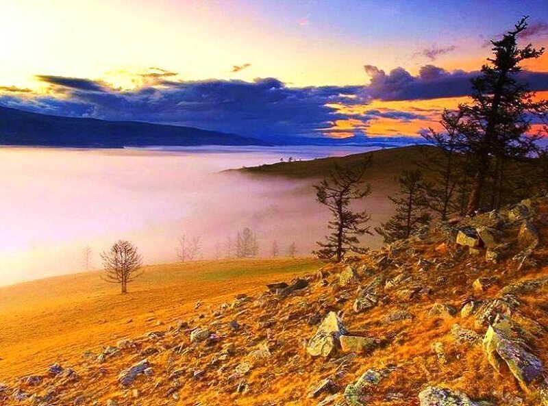 Foggy Valley at Sunrise — Orange, Serene, Photograph, Trees, Hills, Clouds