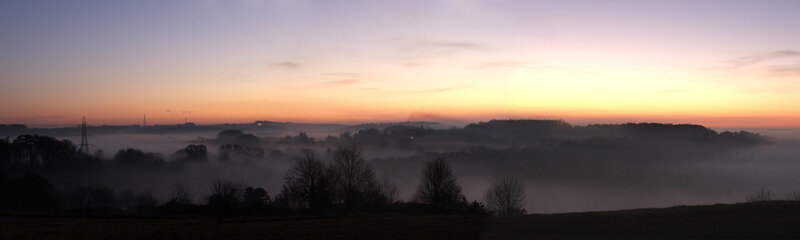 Foggy Valley at Sunrise — Orange, Serene, Photograph, Trees, Hills