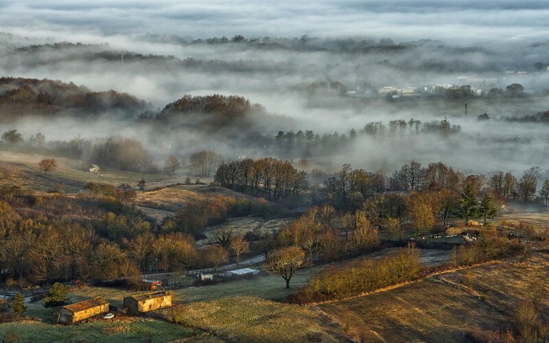 Foggy Valley Landscape — Green, Misty