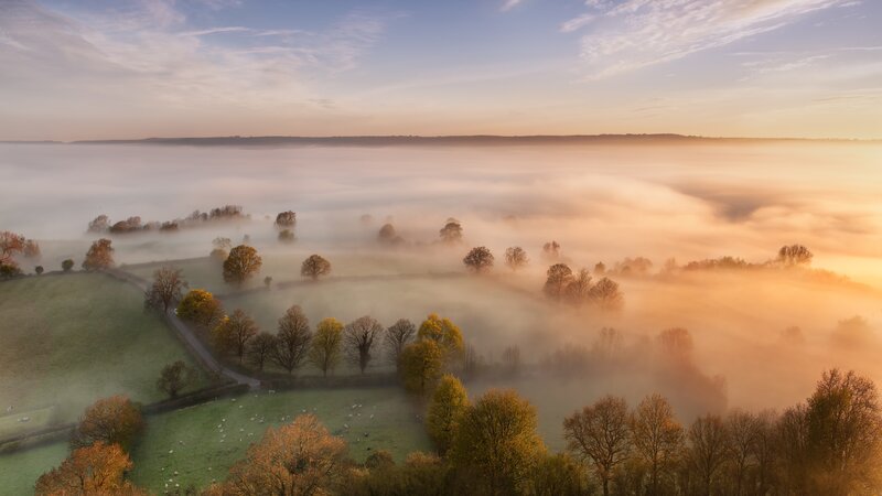 Foggy Valley Landscape — Green, Serene, Sunrise