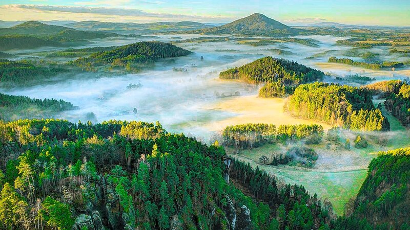 Foggy Valley Landscape — Green, Serene