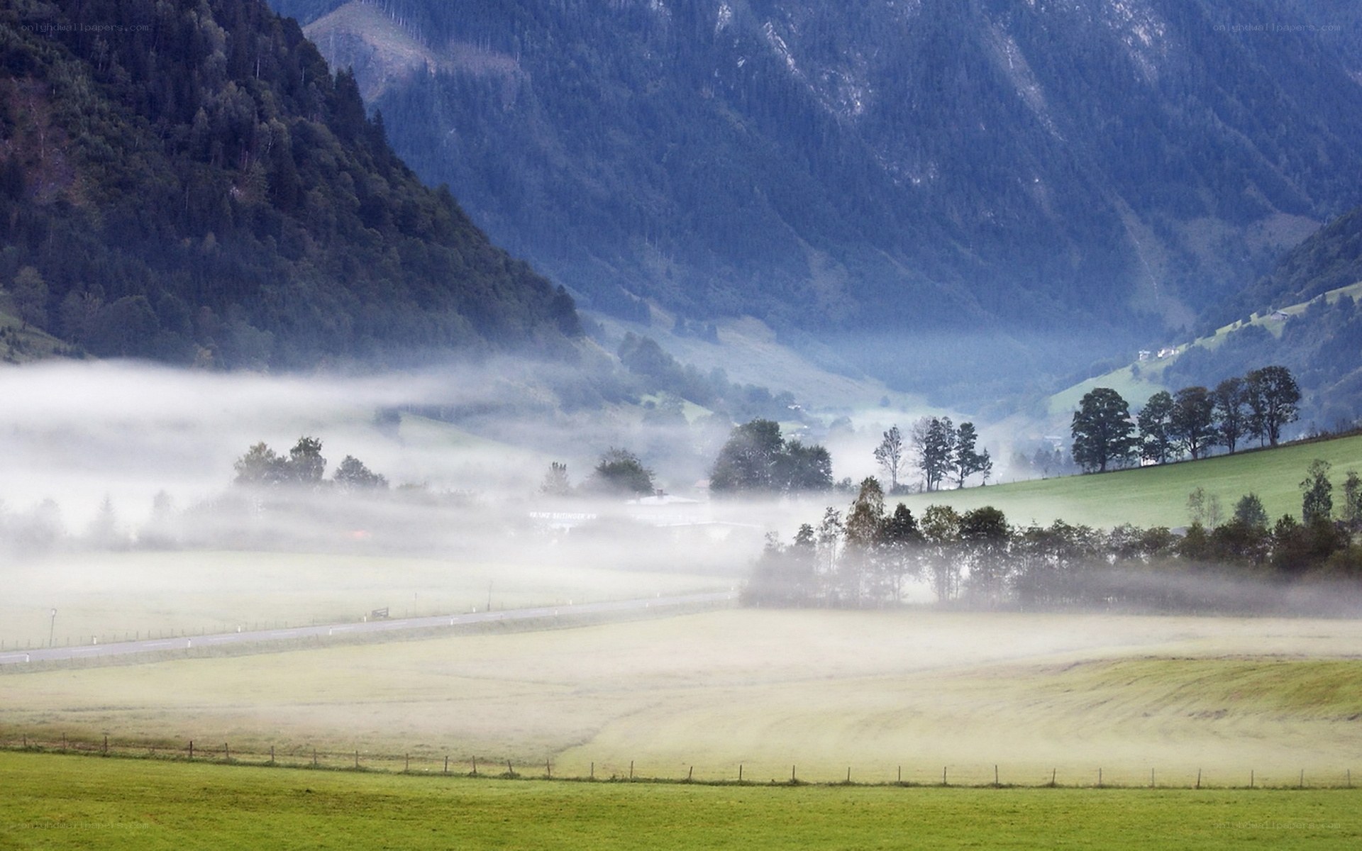 Foggy valley with mountains