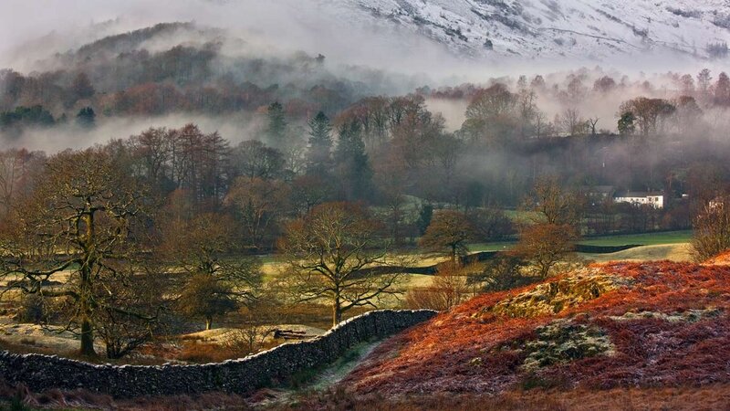 Foggy Valley with Stone Wall