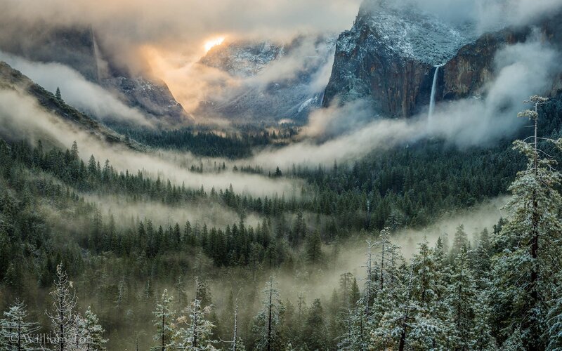 Foggy Valley with Waterfall