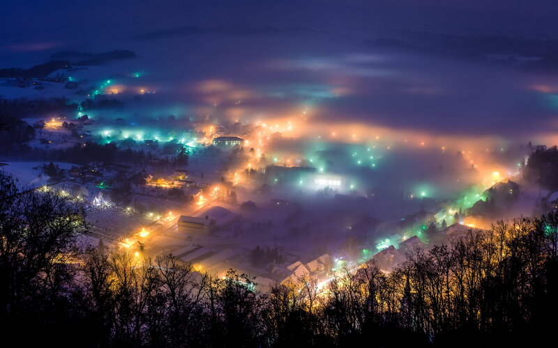 Foggy Village at Night — Blue, Misty
