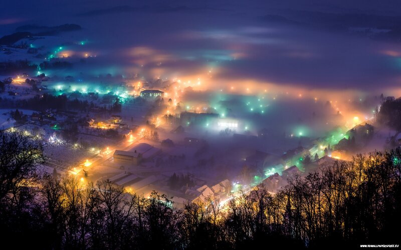 Foggy Village at Night — Blue